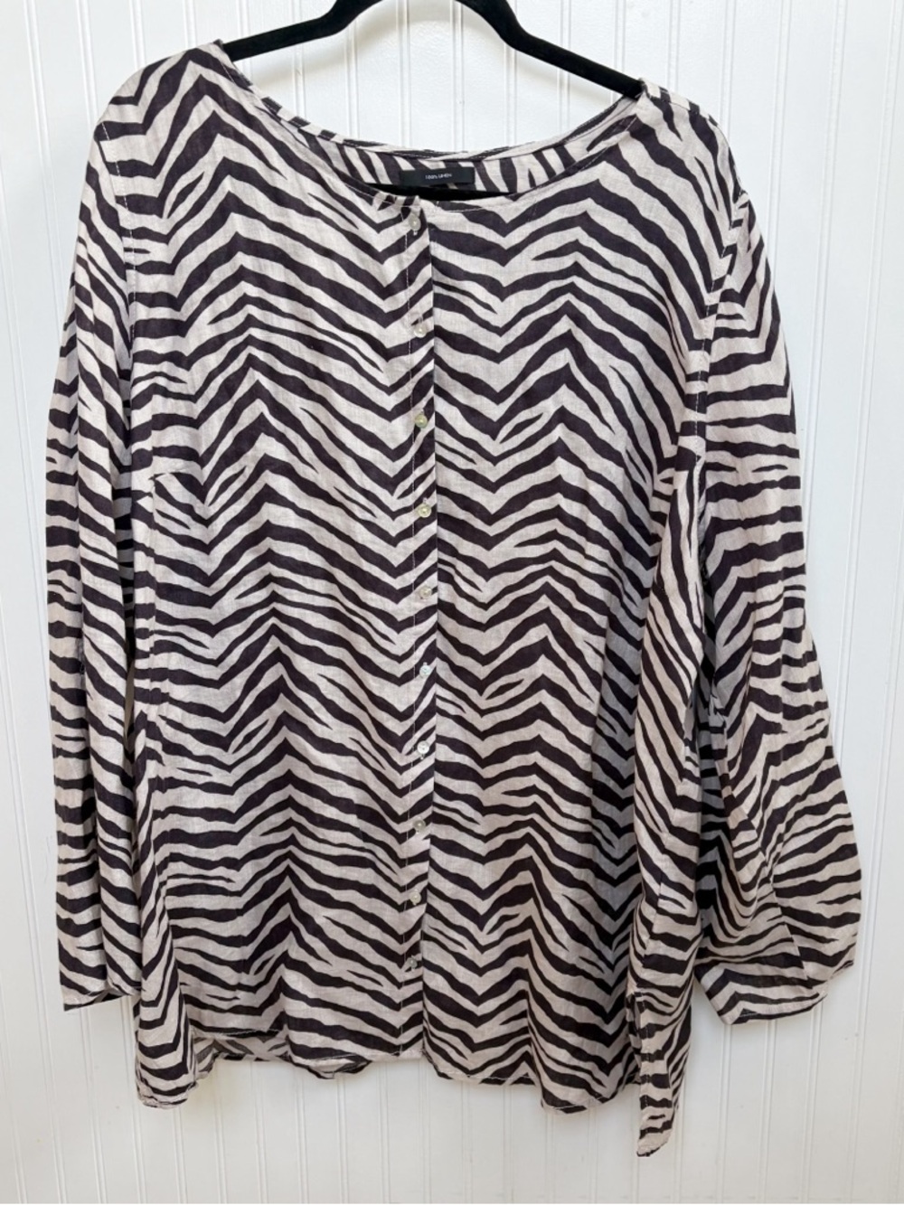 Tahari Brown & Tan Zebra Stripe Roll Tab Sleeve Linen Button Up Plus Size 2X NEW
